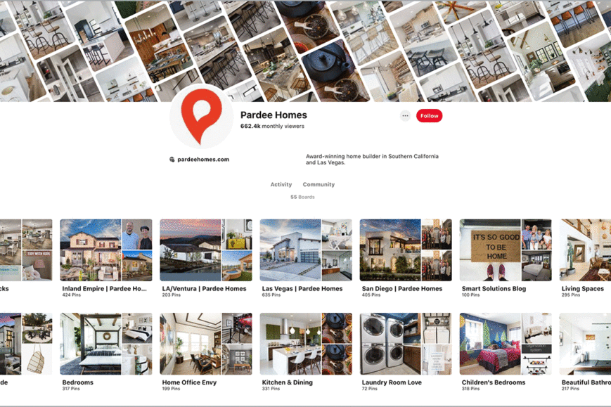 Screenshot of Pardee Homes Pinterest Boards