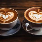 A pair of coffee cups with heart-shaped foam on a cozy morning.