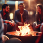 Friends gathering around a fire pit, against a fiery red - Outdoor warmth, bonding during cold nights