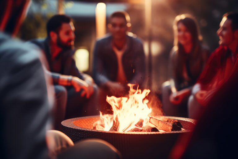 Friends gathering around a fire pit, against a fiery red - Outdoor warmth, bonding during cold nights