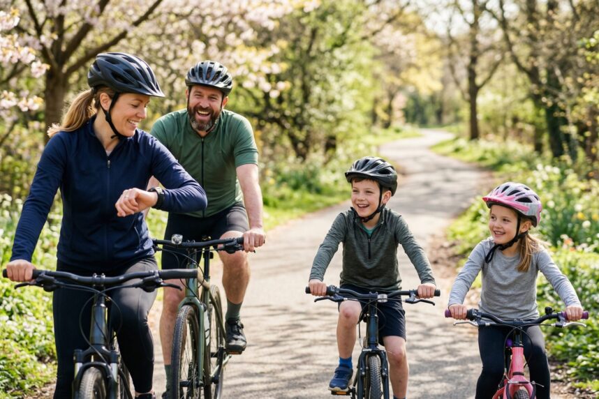 Happy family with two children riding bicycles on a sunny park trail during spring